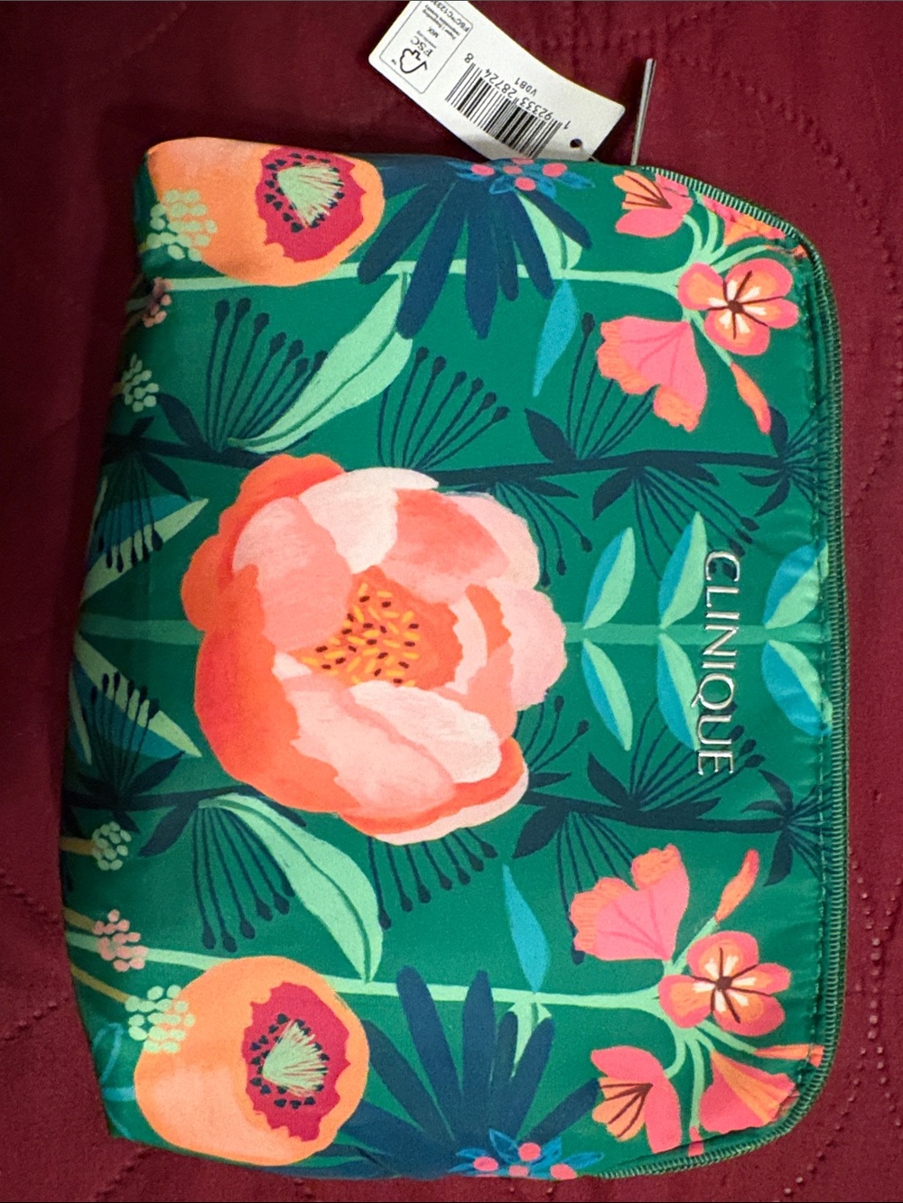 Clinique Teal Floral Cosmetic Bag with Cosmetics